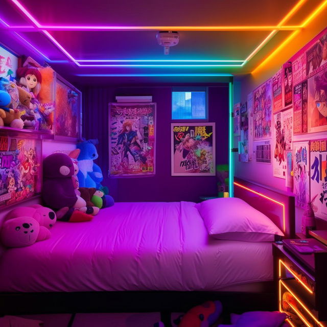 A fresh, vibrant room housing a double bed, neon lighting, a LED-lit ceiling, allocated space for action figures and stuffed toys, and an anime poster-decorated wall.