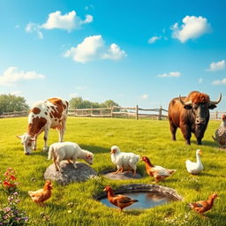 A serene rural farm scene featuring a cow, goat, sheep, hen, duck, and buffalo all interacting harmoniously
