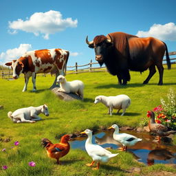 A serene rural farm scene featuring a cow, goat, sheep, hen, duck, and buffalo all interacting harmoniously