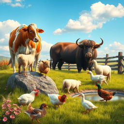 A serene rural farm scene featuring a cow, goat, sheep, hen, duck, and buffalo all interacting harmoniously