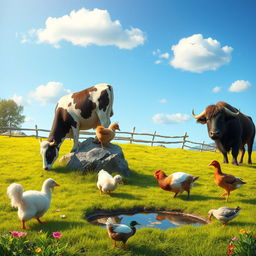A serene rural farm scene featuring a cow, goat, sheep, hen, duck, and buffalo all interacting harmoniously