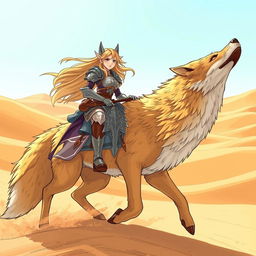 An exhilarating fantasy scene in anime style, featuring a strong blonde female elf knight mounted on a majestic giant fox as they traverse a vast desert
