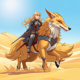 An exhilarating fantasy scene in anime style, featuring a strong blonde female elf knight mounted on a majestic giant fox as they traverse a vast desert