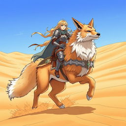 An exhilarating fantasy scene in anime style, featuring a strong blonde female elf knight mounted on a majestic giant fox as they traverse a vast desert