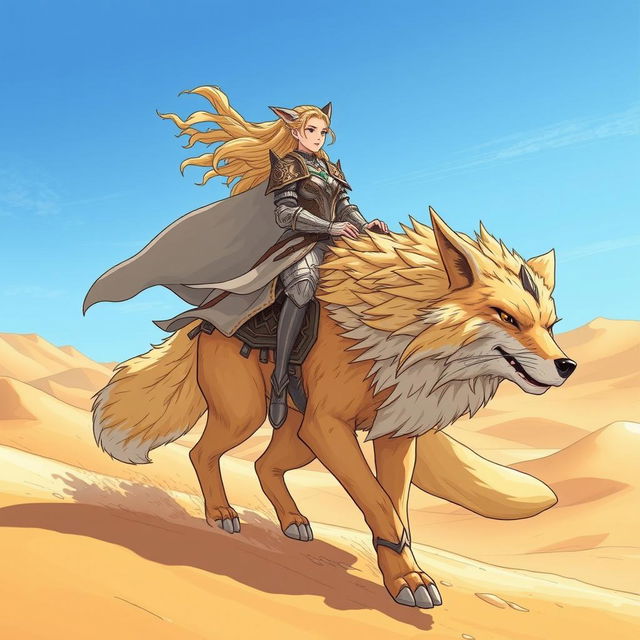 An exhilarating fantasy scene in anime style, featuring a strong blonde female elf knight mounted on a majestic giant fox as they traverse a vast desert