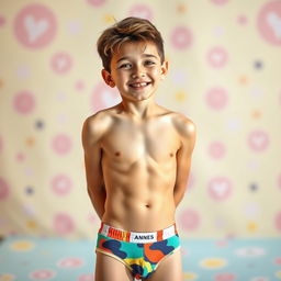 A cute young man wearing colorful underwear, with a playful smile on his face