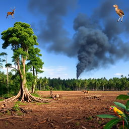 A striking visualization of deforestation, showcasing a contrast between lush, green rainforest and a barren, cleared landscape