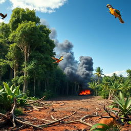 A striking visualization of deforestation, showcasing a contrast between lush, green rainforest and a barren, cleared landscape