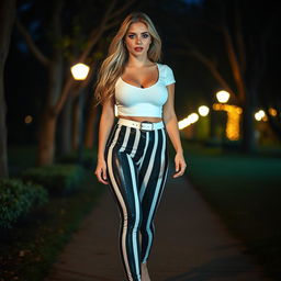 A sexy, beautiful, innocent-looking long hourglass shaped girl with medium-sized breasts and very low, very wide, fat saddle bag low bimbo hips