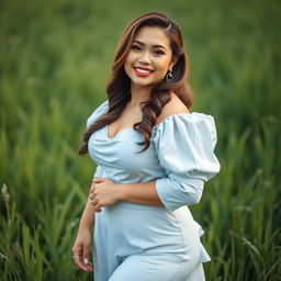 A 30-year-old Indonesian woman with a curvy figure, featuring soft glam makeup with glossy bright lips