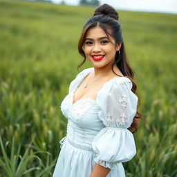 A 30-year-old Indonesian woman with a curvy figure, featuring soft glam makeup with glossy bright lips