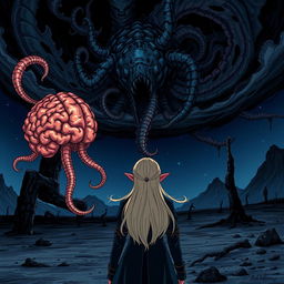 A dramatic fantasy scene in anime style, depicting a strong blonde female elf knight seen from behind, standing in a desolate wasteland at night