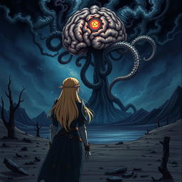 A dramatic fantasy scene in anime style, depicting a strong blonde female elf knight seen from behind, standing in a desolate wasteland at night