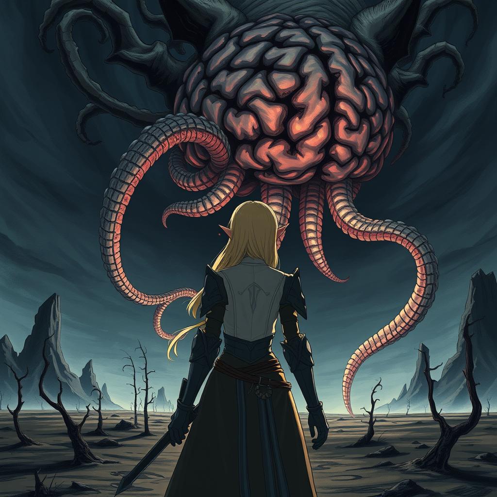 A dramatic fantasy scene in anime style, depicting a strong blonde female elf knight seen from behind, standing in a desolate wasteland at night