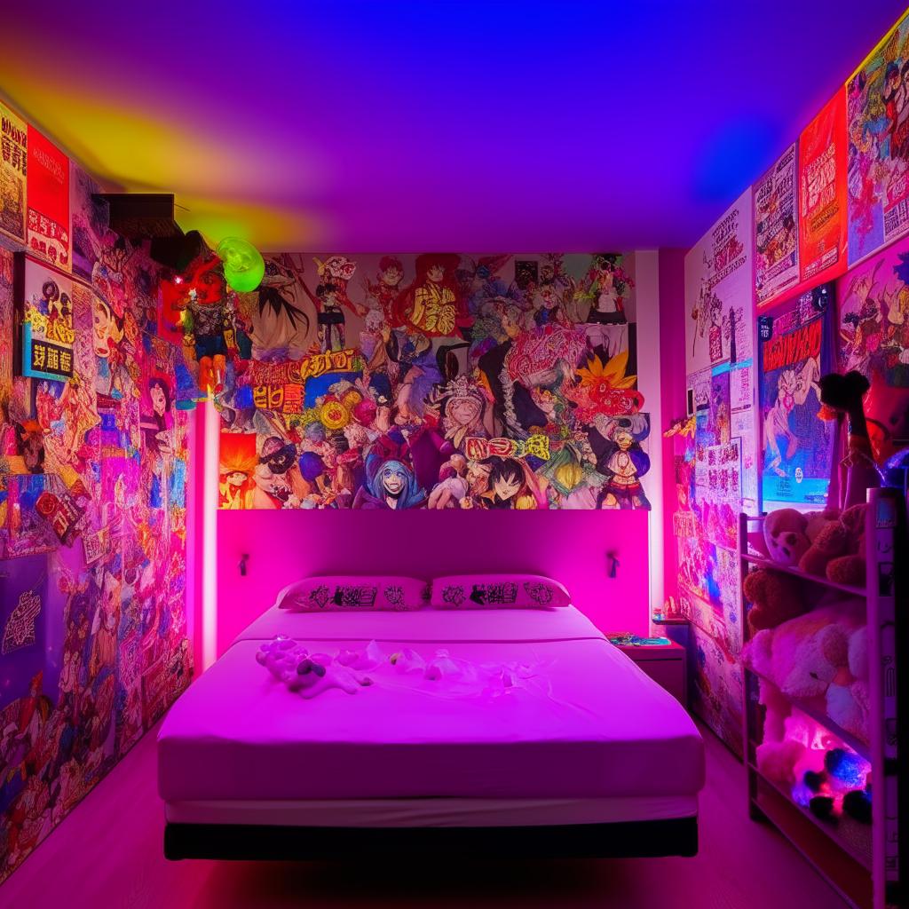 A fresh, vibrant room housing a double bed, neon lighting, a LED-lit ceiling, allocated space for action figures and stuffed toys, and an anime poster-decorated wall.