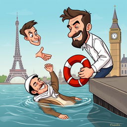 A cartoon-style illustration depicting a white man leaning over the edge of a dock, extending his hand towards a drowning Muslim man