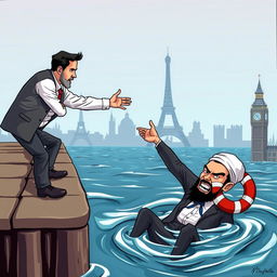 A cartoon-style illustration depicting a white man leaning over the edge of a dock, extending his hand towards a drowning Muslim man