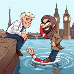 A cartoon-style illustration depicting a white man leaning over the edge of a dock, extending his hand towards a drowning Muslim man