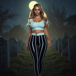 A sexy, beautiful, innocent-looking long hourglass shaped girl with medium-sized breasts and very low, very wide, fat saddle bag low bimbo hips