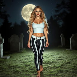 A sexy, beautiful, innocent-looking long hourglass shaped girl with medium-sized breasts and very low, very wide, fat saddle bag low bimbo hips