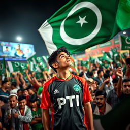 A 20-year-old man named Murtaza wearing a vibrant PTI (Pakistan Tehreek-e-Insaf) jersey, standing in a lively crowd filled with supporters waving PTI flags