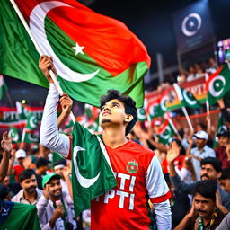 A 20-year-old man named Murtaza wearing a vibrant PTI (Pakistan Tehreek-e-Insaf) jersey, standing in a lively crowd filled with supporters waving PTI flags