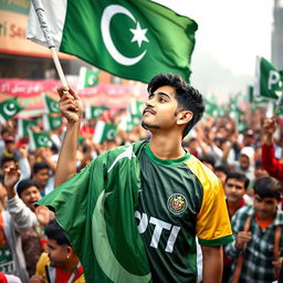 A 20-year-old man named Murtaza wearing a vibrant PTI (Pakistan Tehreek-e-Insaf) jersey, standing in a lively crowd filled with supporters waving PTI flags