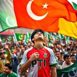 A 20-year-old man named Murtaza wearing a vibrant PTI (Pakistan Tehreek-e-Insaf) jersey, standing in a lively crowd filled with supporters waving PTI flags