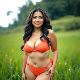 A 30-year-old Indonesian woman with a curvy body, showcasing soft glam makeup that highlights her features with glossy bright lips