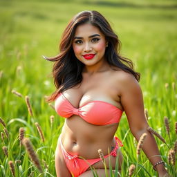 A 30-year-old Indonesian woman with a curvy body, showcasing soft glam makeup that highlights her features with glossy bright lips