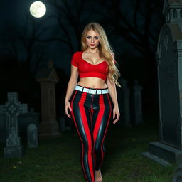 A sexy, beautiful, innocent-looking long hourglass shaped girl with medium-sized breasts and very low, very wide, fat saddle bag low bimbo hips