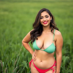A 30-year-old Indonesian woman with a fuller figure, showcasing soft glam makeup with glossy bright lips