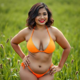 A 30-year-old Indonesian woman with a fuller figure, showcasing soft glam makeup with glossy bright lips