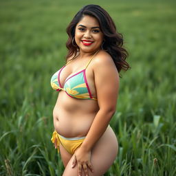 A 30-year-old Indonesian woman with a fuller figure, showcasing soft glam makeup with glossy bright lips