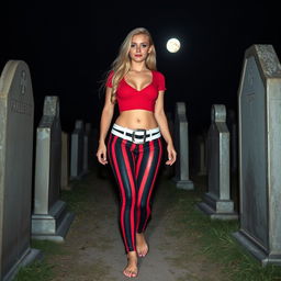 A sexy, beautiful, innocent-looking long hourglass shaped girl with medium-sized breasts and very low, very wide, fat saddle bag bimbo hips