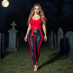 A sexy, beautiful, innocent-looking long hourglass shaped girl with medium-sized breasts and very low, very wide, fat saddle bag bimbo hips