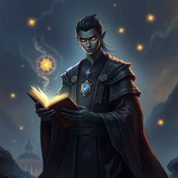 A Kalashtar male wizard, tall and slender with dark, ethereal skin that has a subtle luminescent glow