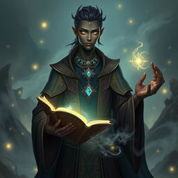 A Kalashtar male wizard, tall and slender with dark, ethereal skin that has a subtle luminescent glow