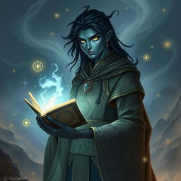 A Kalashtar male wizard, tall and slender with dark, ethereal skin that has a subtle luminescent glow