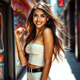A slender and sexy brunette woman exuding confidence, posing in a chic, fashionable outfit that accentuates her curves