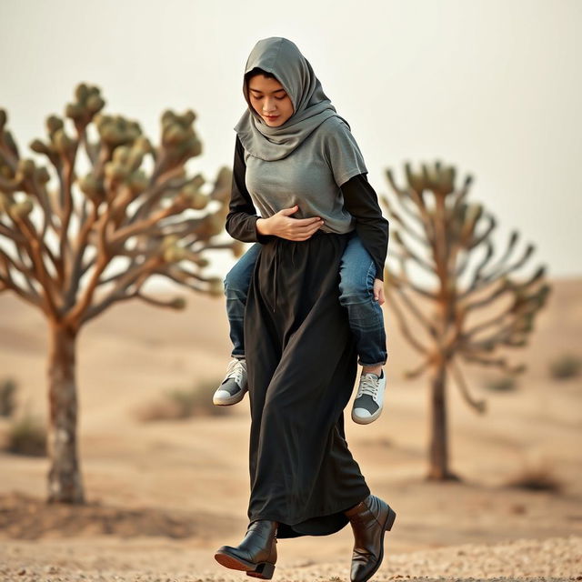 A realistic front view of an Indonesian woman wearing a hijab and a long-sleeved abaya paired with stylish leather boots