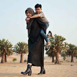 A realistic front view of an Indonesian woman wearing a hijab and a long-sleeved abaya paired with stylish leather boots