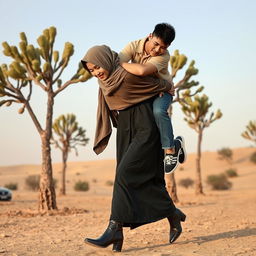 A realistic front view of an Indonesian woman wearing a hijab and a long-sleeved abaya paired with stylish leather boots