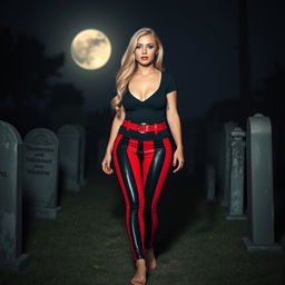 A sexy, beautiful, innocent-looking long hourglass shaped girl with medium-sized breasts and very low, very wide, fat saddle bag low bimbo hips