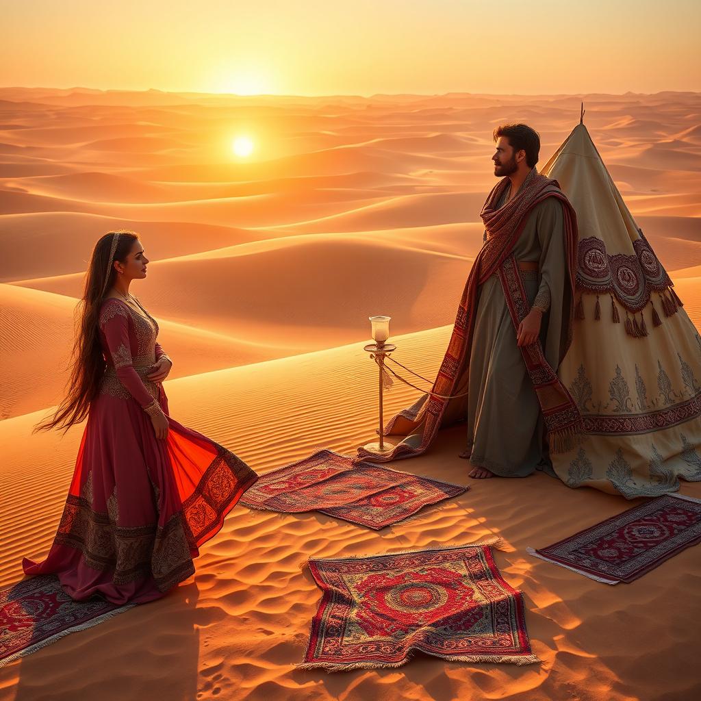 The iconic love story of Leyla and Mecnun vividly depicted in a vast desert landscape