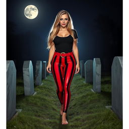 A sexy, beautiful, innocent-looking long hourglass shaped girl with medium-sized breasts and very low, very wide, fat saddle bag low bimbo hips