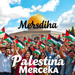 A vibrant scene depicting a diverse crowd of people from different backgrounds gathered at Masjid Al-Aqsa, all joyfully waving Palestinian flags to celebrate the theme of 'Palestine Merdeka' (Free Palestine)