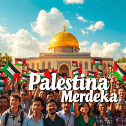 A vibrant scene depicting a diverse crowd of people from different backgrounds gathered at Masjid Al-Aqsa, all joyfully waving Palestinian flags to celebrate the theme of 'Palestine Merdeka' (Free Palestine)
