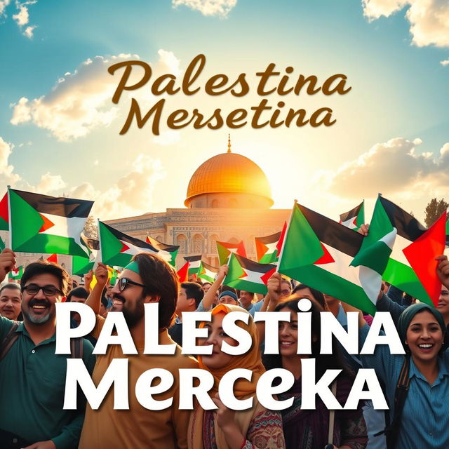A vibrant scene depicting a diverse crowd of people from different backgrounds gathered at Masjid Al-Aqsa, all joyfully waving Palestinian flags to celebrate the theme of 'Palestine Merdeka' (Free Palestine)