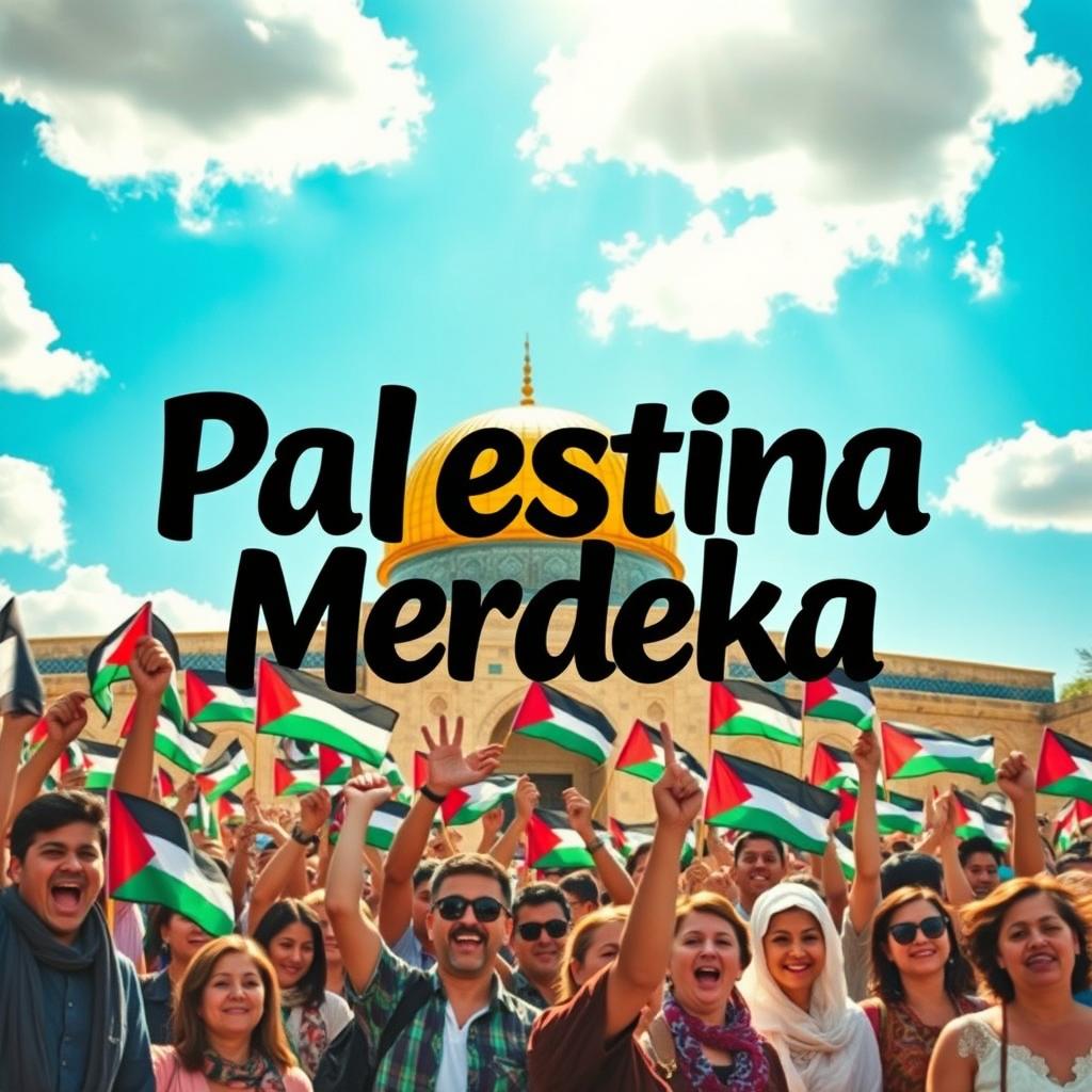 A vibrant scene depicting a diverse crowd of people from different backgrounds gathered at Masjid Al-Aqsa, all joyfully waving Palestinian flags to celebrate the theme of 'Palestine Merdeka' (Free Palestine)
